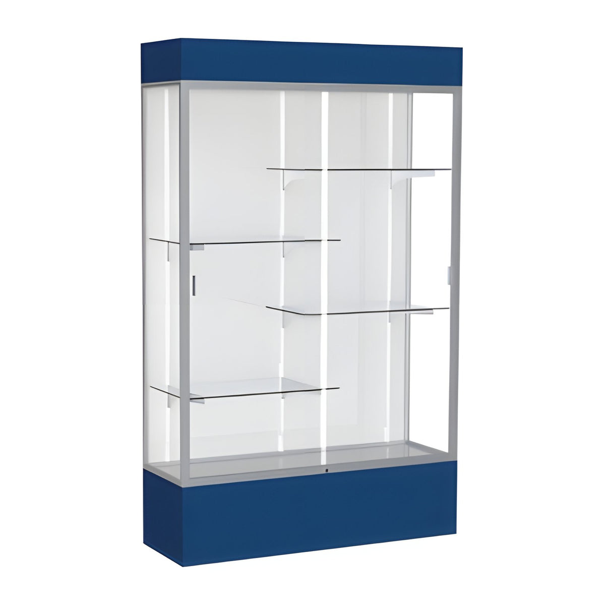 Spirit Navy Display Case (Lighted), White Laminate Back w/ Satin Natural aluminum frame finish, 80"H x 48"W x 16"D