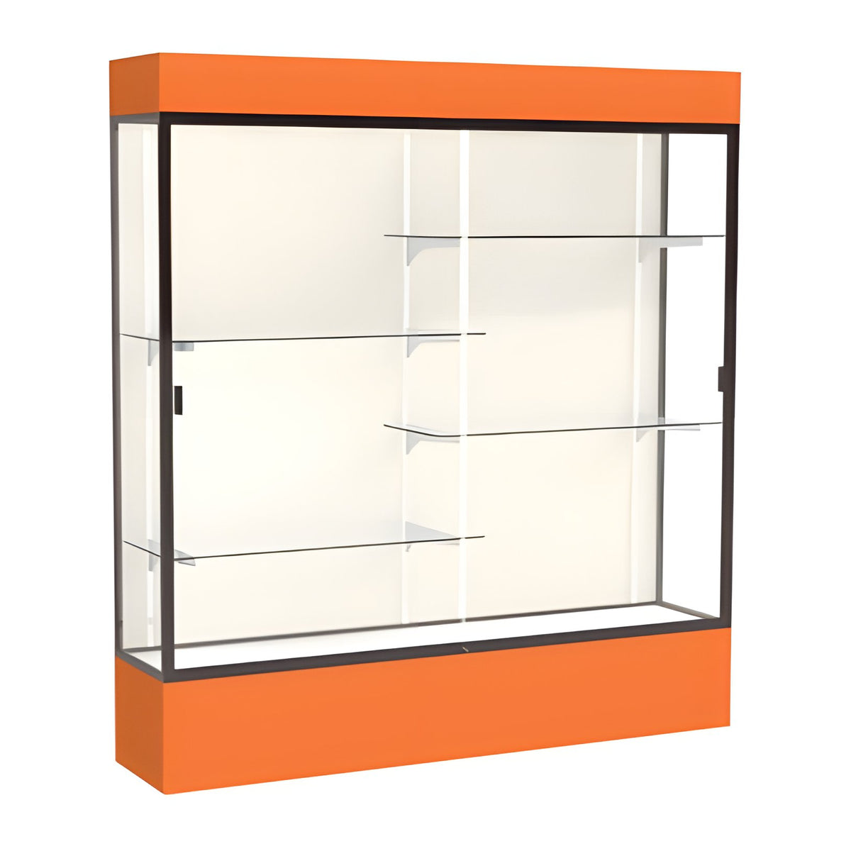 Spirit Orange Display Case (Lighted), Plaque Fabric Back w/ Dark Bronze aluminum frame finish, 80"H x 72"W x 16"D