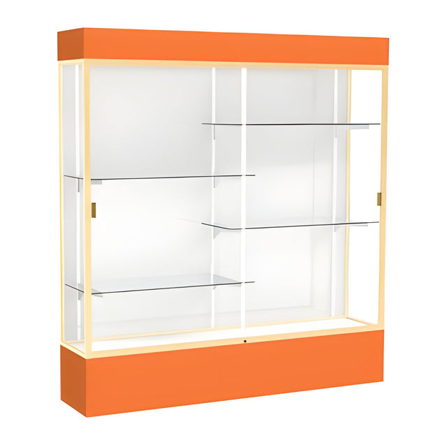 Spirit Orange Display Case (Lighted), White Laminate Back w/ Champagne aluminum frame finish, 80"H x 72"W x 16"D