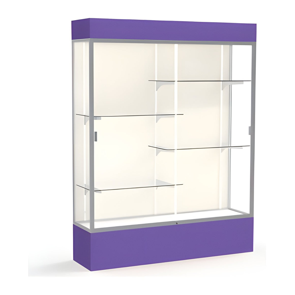Spirit Purple Display Case (Lighted), Plaque Fabric Back w/ Satin Natural aluminum frame finish, 80"H x 60"W x 16"D