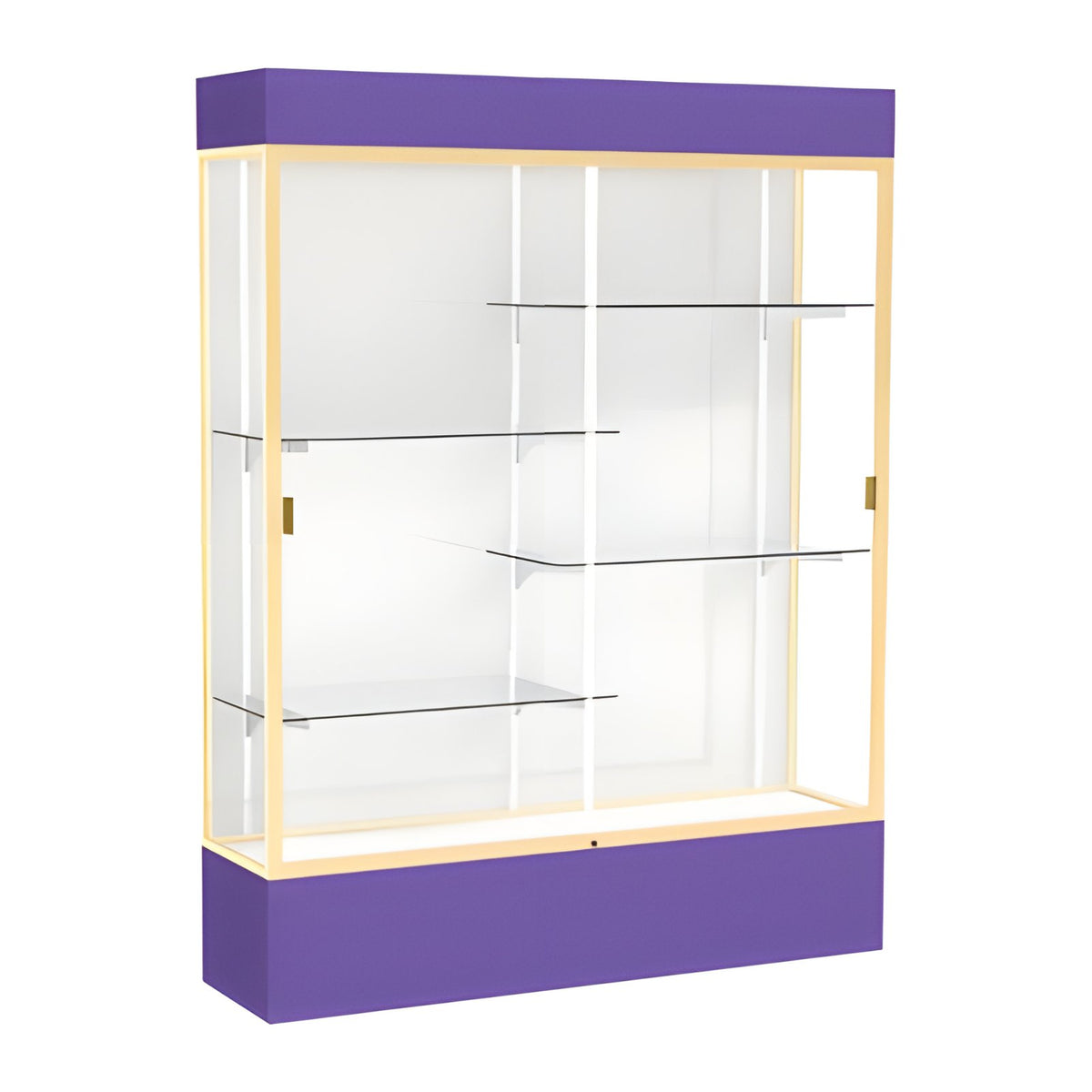 Spirit Purple Display Case (Lighted), White Laminate Back w/ Champagne aluminum frame finish, 80"H x 60"W x 16"D
