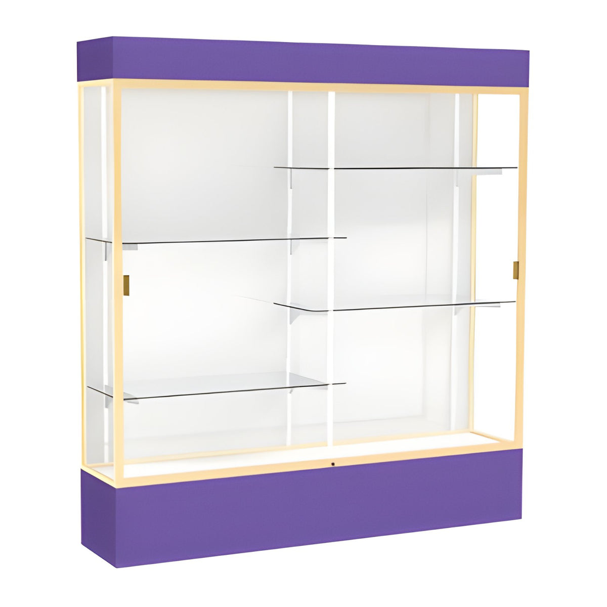 Spirit Purple Display Case (Lighted), White Laminate Back w/ Champagne aluminum frame finish, 80"H x 72"W x 16"D