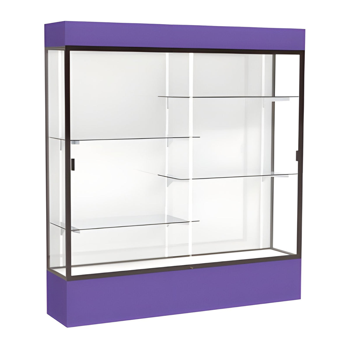 Spirit Purple Display Case (Lighted), White Laminate Back w/ Dark Bronze aluminum frame finish, 80"H x 72"W x 16"D