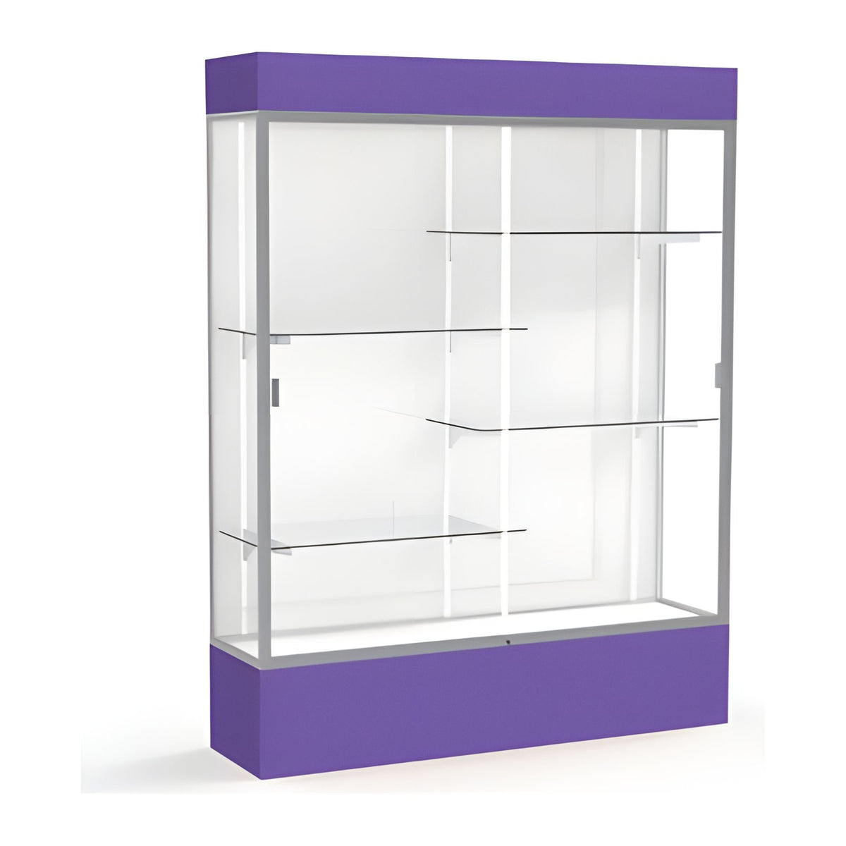 Spirit Purple Display Case (Lighted), White Laminate Back w/ Satin Natural aluminum frame finish, 80"H x 60"W x 16"D