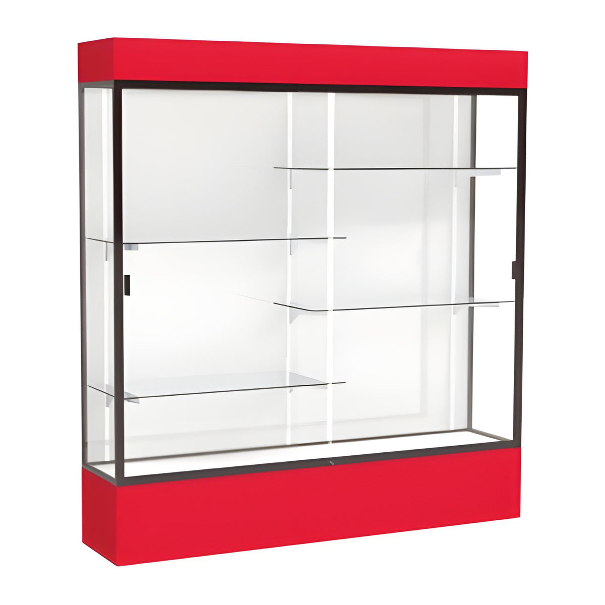 Spirit Red Display Case (Lighted), White Laminate Back w/ Dark Bronze aluminum frame finish, 80"H x 72"W x 16"D