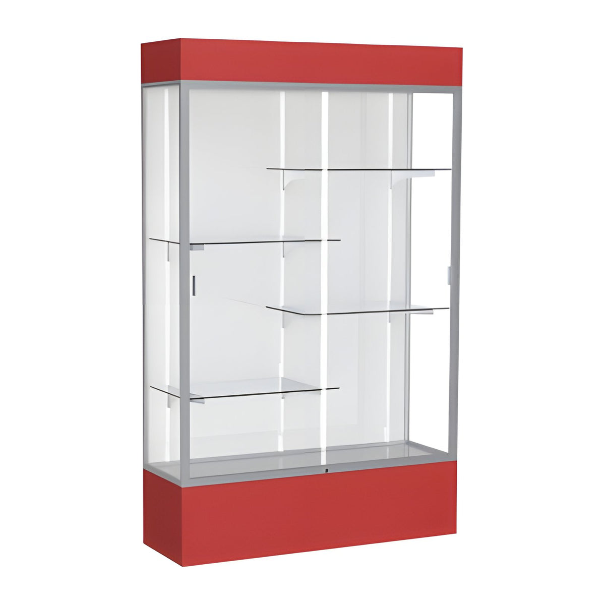Spirit Red Display Case (Lighted), White Laminate Back w/ Satin Natural aluminum frame finish, 80"H x 48"W x 16"D