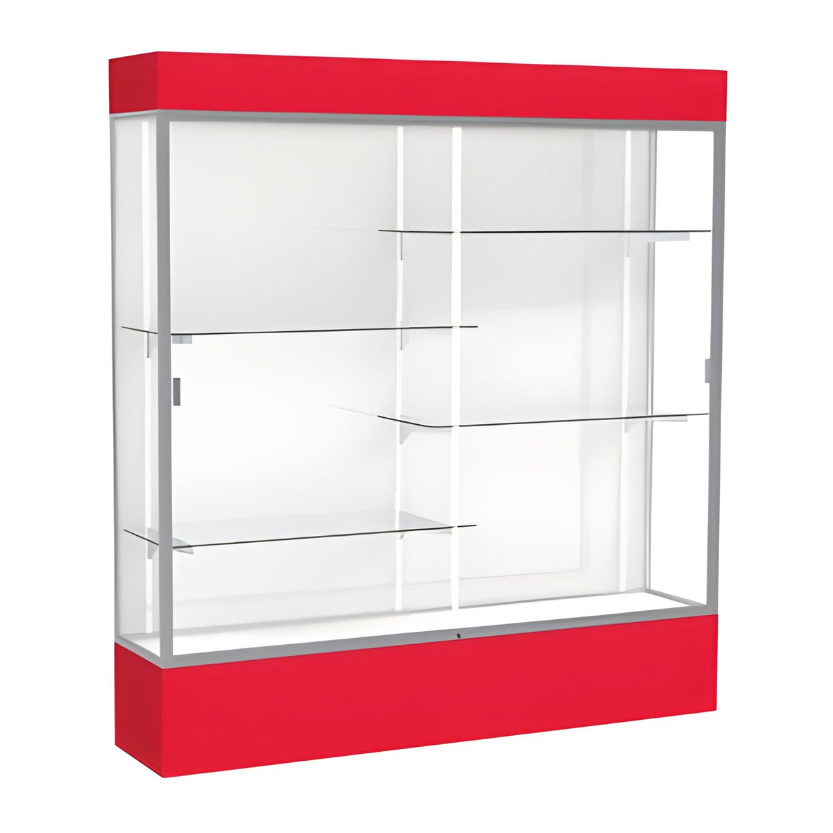 Spirit Red Display Case (Lighted), White Laminate Back w/ Satin Natural aluminum frame finish, 80"H x 72"W x 16"D