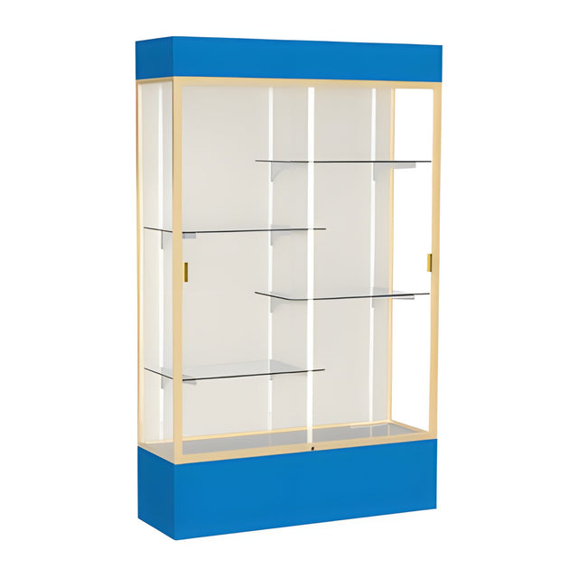 Spirit Royal Blue Display Case (Lighted), Plaque Fabric Back w/ Champagne aluminum frame finish, 80"H x 48"W x 16"D