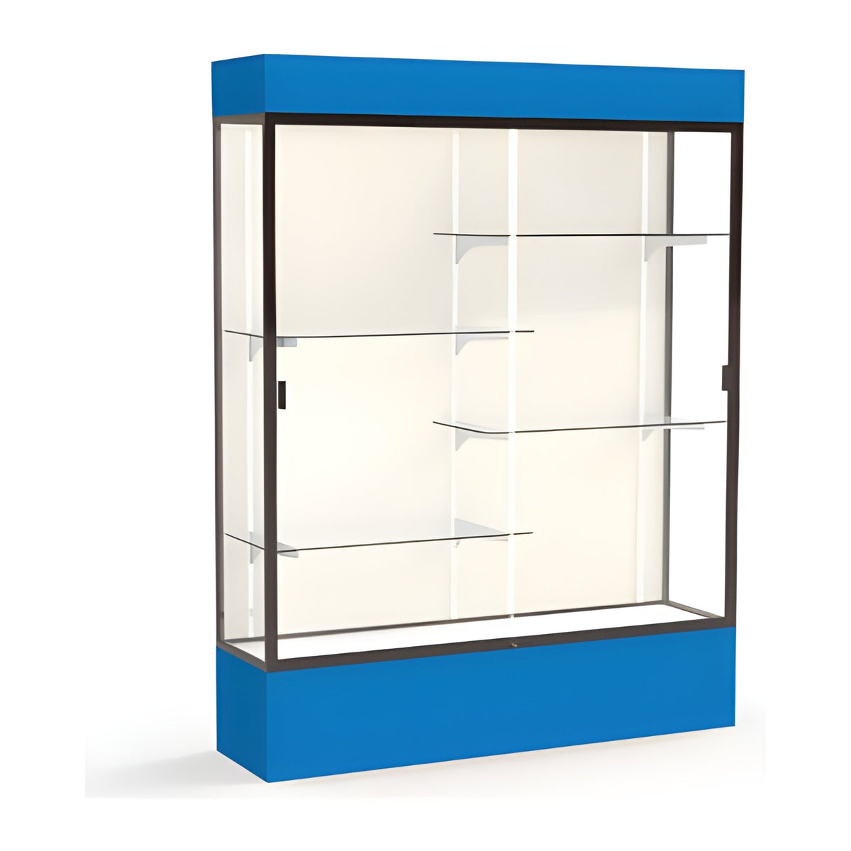 Spirit Royal Blue Display Case (Lighted), Plaque Fabric Back w/ Dark Bronze aluminum frame finish, 80"H x 60"W x 16"D