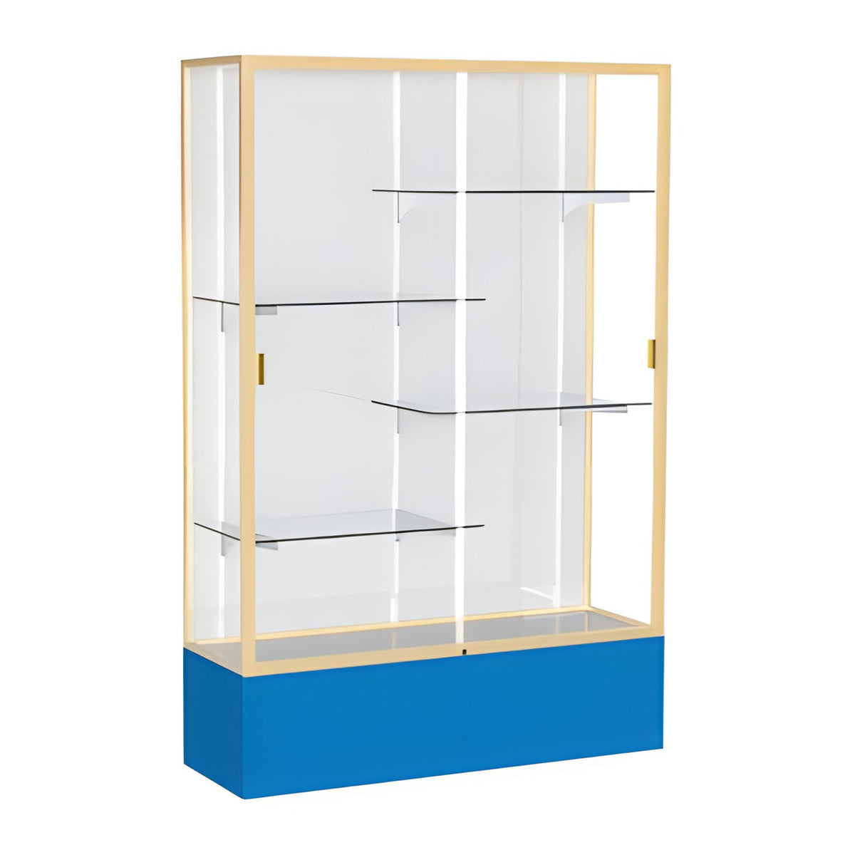Spirit Royal Blue Display Case (Unighted), White Laminate Back w/ Champagne aluminum frame finish, 72"H x 48"W x 16"D