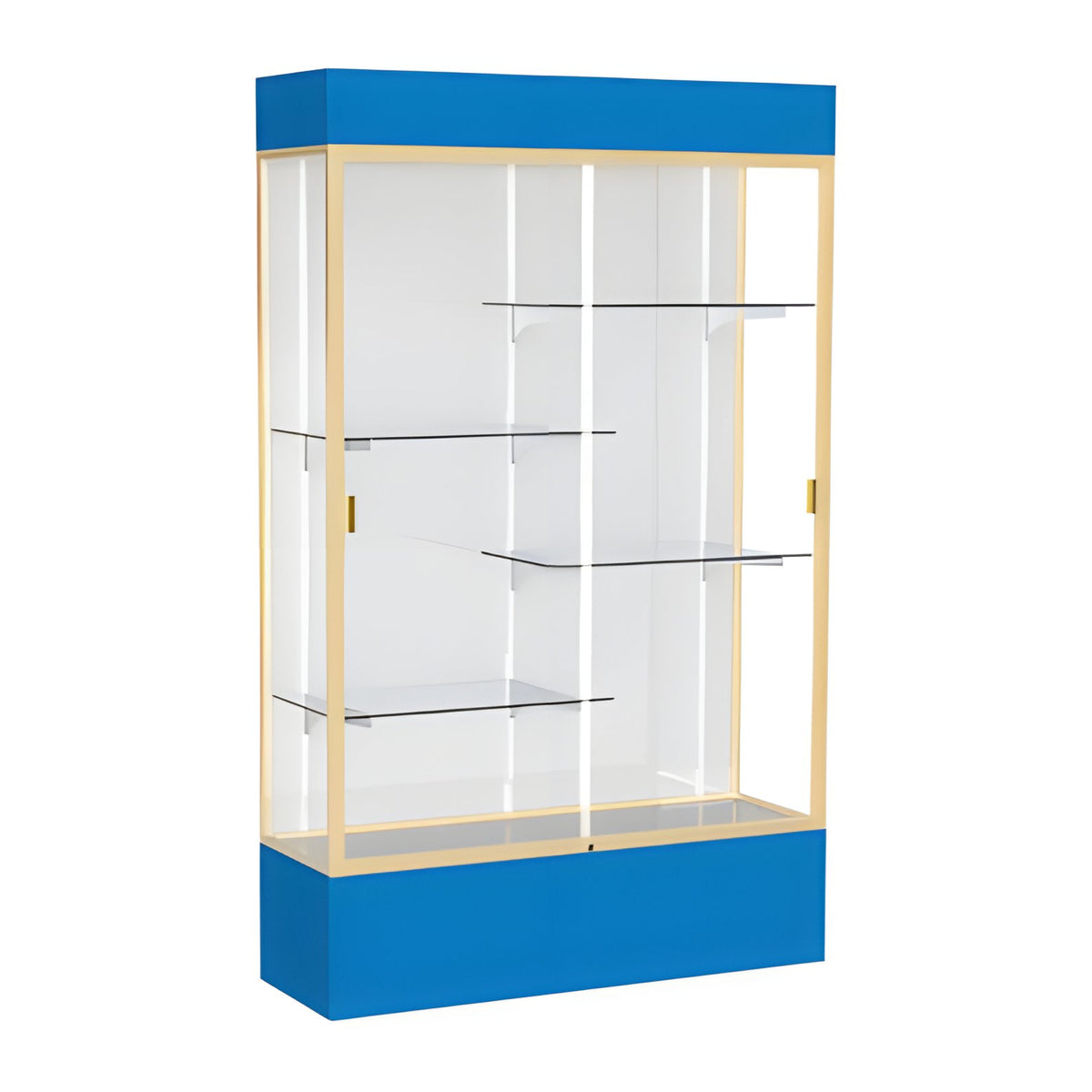 Spirit Royal Blue Display Case (Lighted), White Laminate Back w/ Champagne aluminum frame finish, 80"H x 48"W x 16"D