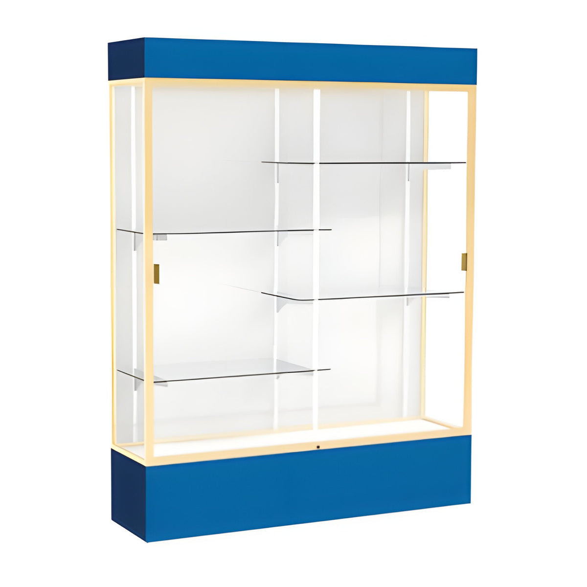 Spirit Royal Blue Display Case (Lighted), White Laminate Back w/ Champagne aluminum frame finish, 80"H x 60"W x 16"D