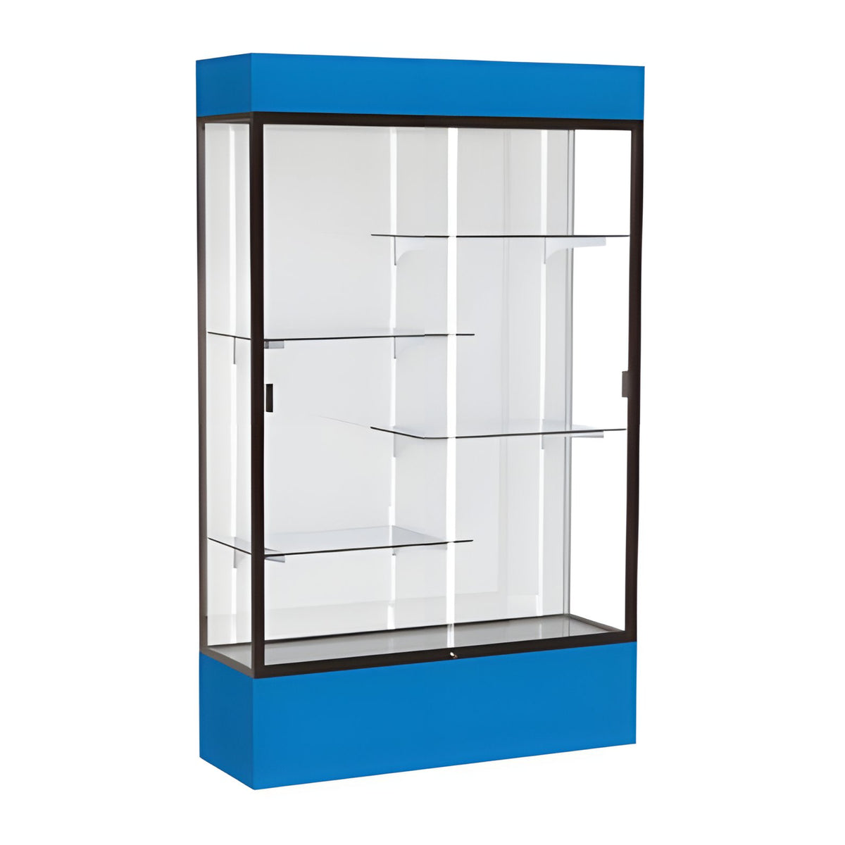 Spirit Royal Blue Display Case (Lighted), White Laminate Back w/ Dark Bronze aluminum frame finish, 80"H x 48"W x 16"D