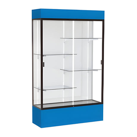 Spirit Royal Blue Display Case (Lighted), White Laminate Back w/ Dark Bronze aluminum frame finish, 80"H x 48"W x 16"D