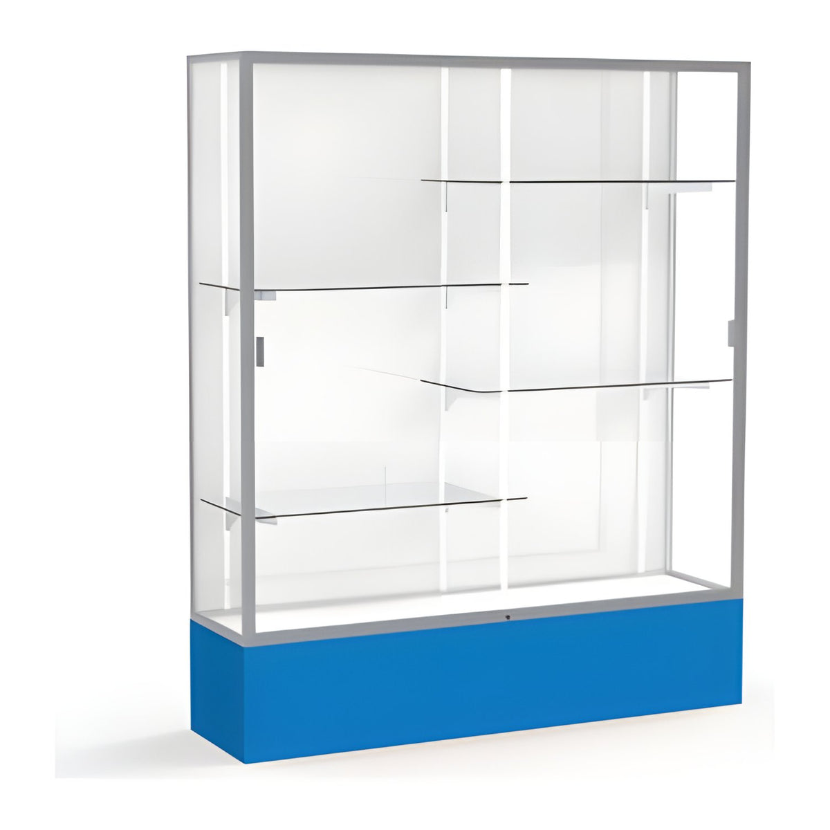 Spirit Royal Blue Display Case (Unighted), White Laminate Back w/ Satin Natural aluminum frame finish, 72"H x 60"W x 16"D