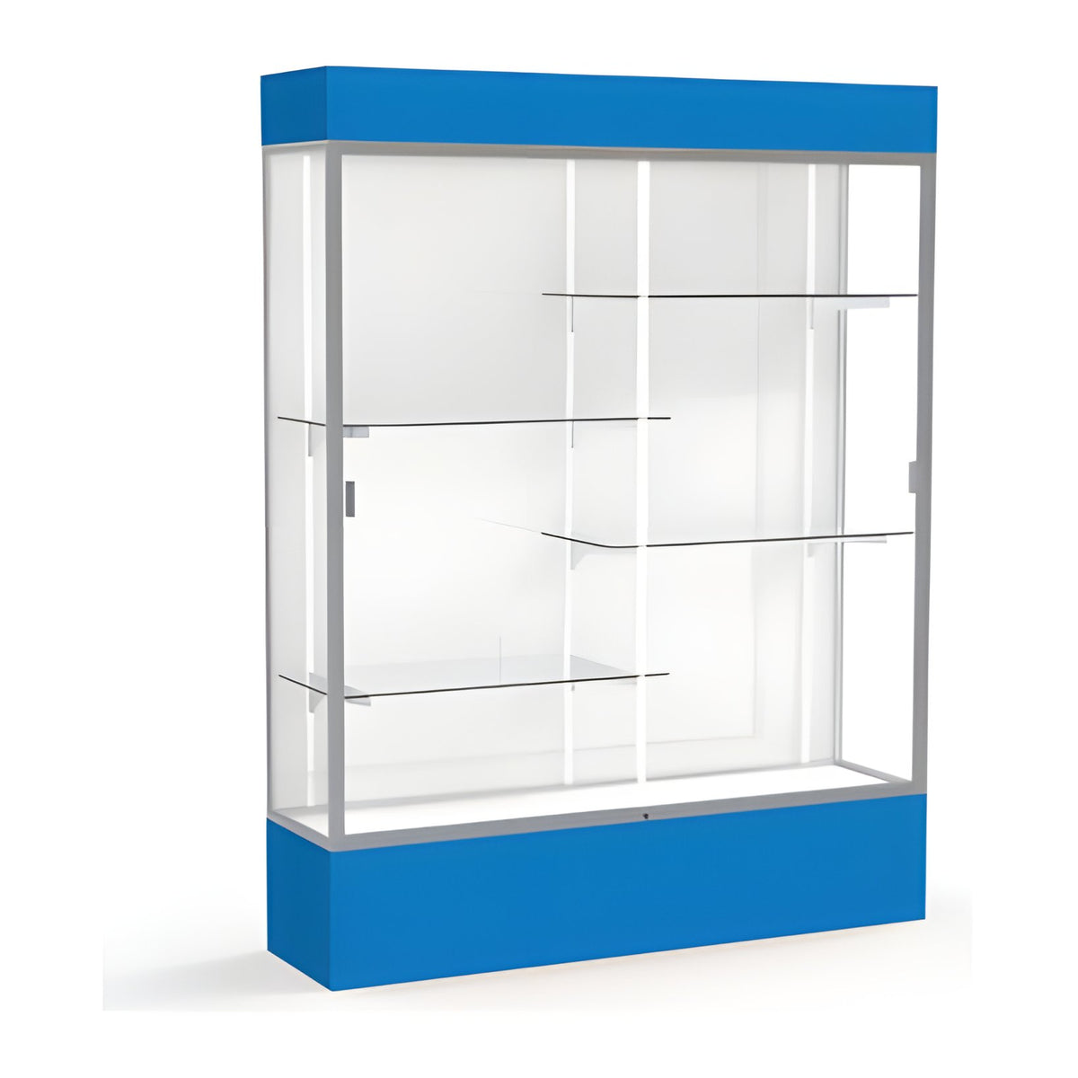 Spirit Royal Blue Display Case (Lighted), White Laminate Back w/ Satin Natural aluminum frame finish, 80"H x 60"W x 16"D