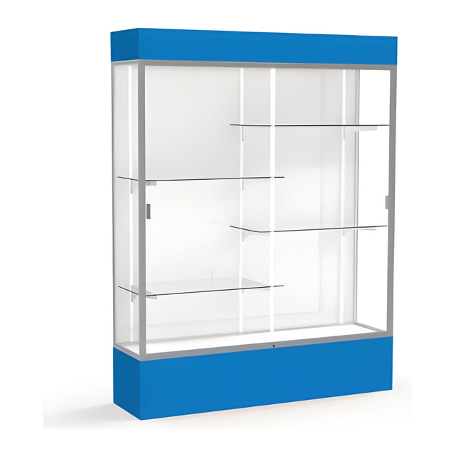 Spirit Royal Blue Display Case (Lighted), White Laminate Back w/ Satin Natural aluminum frame finish, 80"H x 60"W x 16"D