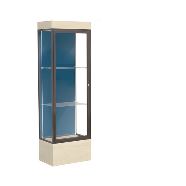 Edge Lighted Floor Display Case, 12" Beigewood Base w/ Blue Steel Back and Dark Bronze Aluminum Frame, 76"H x 24"W x 20"D