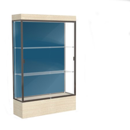 Edge Lighted Floor Display Case, 12" Beigewood Base w/ Blue Steel Back and Dark Bronze Aluminum Frame, 76"H x 48"W x 20"D
