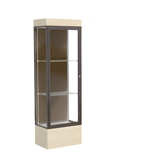 Edge Lighted Floor Display Case, 12" Beigewood Base w/ Chocolate Back and Dark Bronze Aluminum Frame, 76"H x 24"W x 20"D