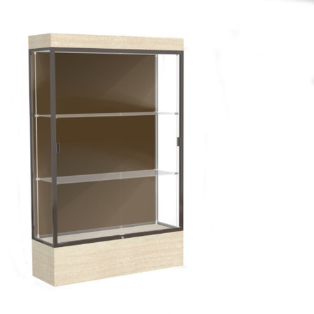 Edge Lighted Floor Display Case, 12" Beigewood Base w/ Chocolate Back and Dark Bronze Aluminum Frame, 76"H x 48"W x 20"D