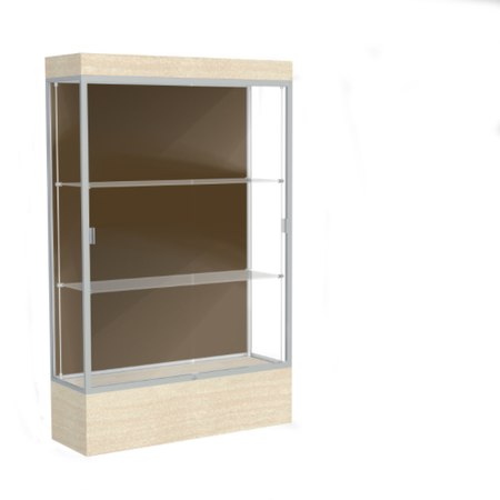Edge Lighted Floor Display Case, 12" Beigewood Base w/ Chocolate Back and Satin Natural Aluminum Frame, 76"H x 48"W x 20"D