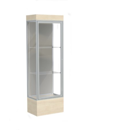 Edge Lighted Floor Display Case, 12" Beigewood Base w/ Harbor Back and Satin Natural Aluminum Frame, 76"H x 24"W x 20"D