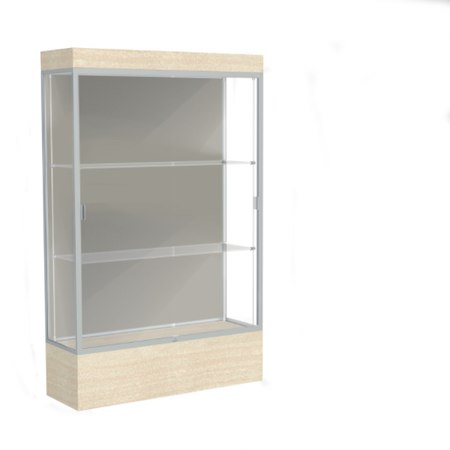Edge Lighted Floor Display Case, 12" Beigewood Base w/ Harbor Back and Satin Natural Aluminum Frame, 76"H x 48"W x 20"D