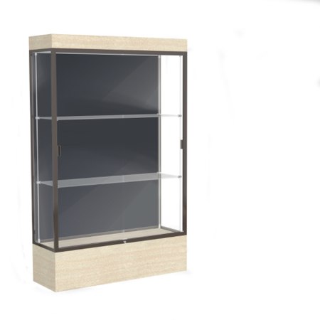 Edge Lighted Floor Display Case, 12" Beigewood Base w/ Slate Back and Dark Bronze Aluminum Frame, 76"H x 48"W x 20"D