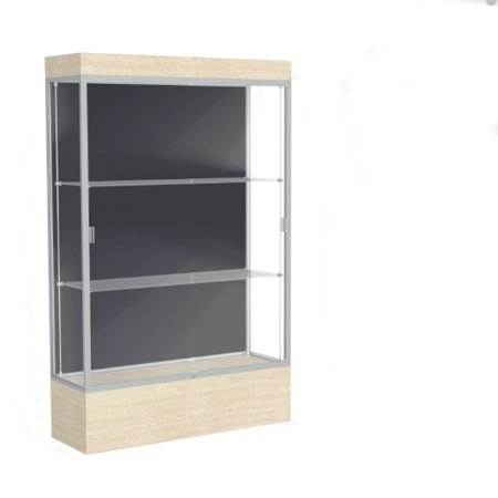 Edge Lighted Floor Display Case, 12" Beigewood Base w/ Slate Back and Satin Natural Aluminum Frame, 76"H x 48"W x 20"D