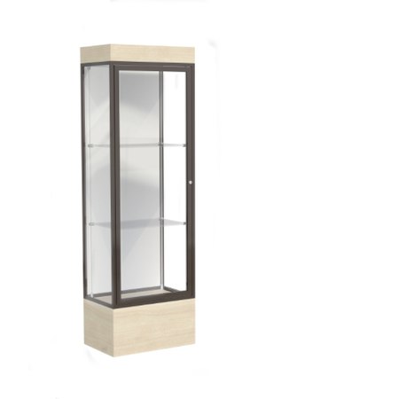 Edge Lighted Floor Display Case, 12" Beigewood Base w/ White Back and Dark Bronze Aluminum Frame, 76"H x 24"W x 20"D