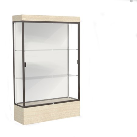 Edge Lighted Floor Display Case, 12" Beigewood Base w/ White Back and Dark Bronze Aluminum Frame, 76"H x 48"W x 20"D