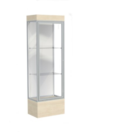 Edge Lighted Floor Display Case, 12" Beigewood Base w/ White Back and Satin Natural Aluminum Frame, 76"H x 24"W x 20"D