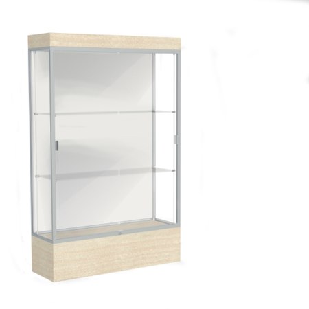 Edge Lighted Floor Display Case, 12" Beigewood Base w/ White Back and Satin Natural Aluminum Frame, 76"H x 48"W x 20"D