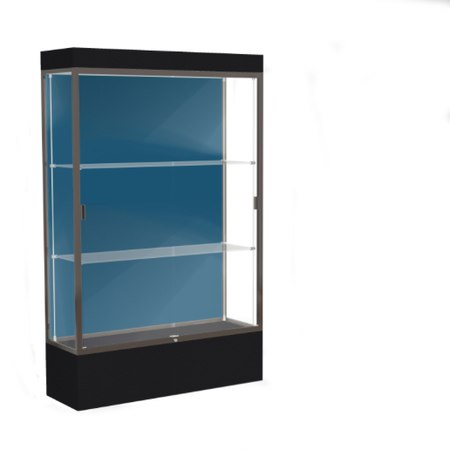Edge Lighted Floor Display Case, 12" Black Base w/ Blue Steel Back and Dark Bronze Aluminum Frame, 76"H x 48"W x 20"D