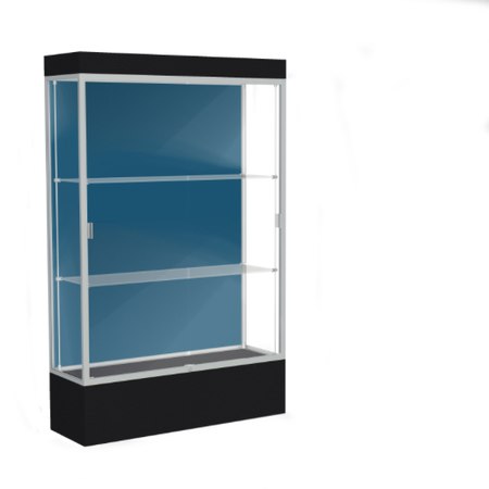 Edge Lighted Floor Display Case, 12" Black Base w/ Blue Steel Back and Satin Natural Aluminum Frame, 76"H x 48"W x 20"D