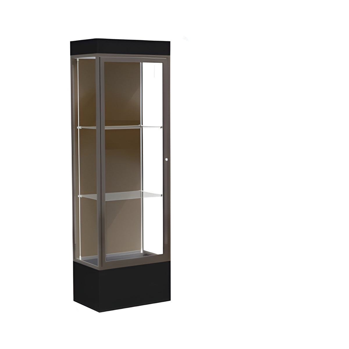 Edge Lighted Floor Display Case, 12" Black Base w/ Chocolate Back and Dark Bronze Aluminum Frame, 76"H x 24"W x 20"D