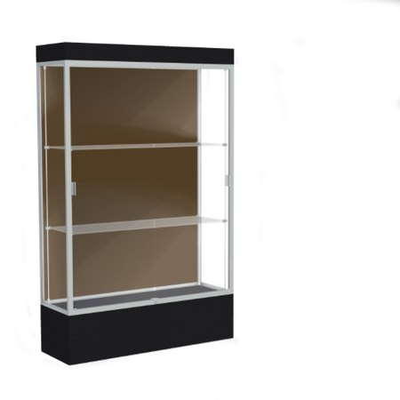 Edge Lighted Floor Display Case, 12" Black Base w/ Chocolate Back and Satin Natural Aluminum Frame, 76"H x 48"W x 20"D