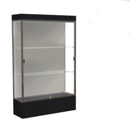 Edge Lighted Floor Display Case, 12" Black Base w/ Harbor Back and Dark Bronze Aluminum Frame, 76"H x 48"W x 20"D