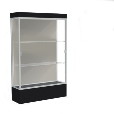 Edge Lighted Floor Display Case, 12" Black Base w/ Harbor Back and Satin Natural Aluminum Frame, 76"H x 48"W x 20"D