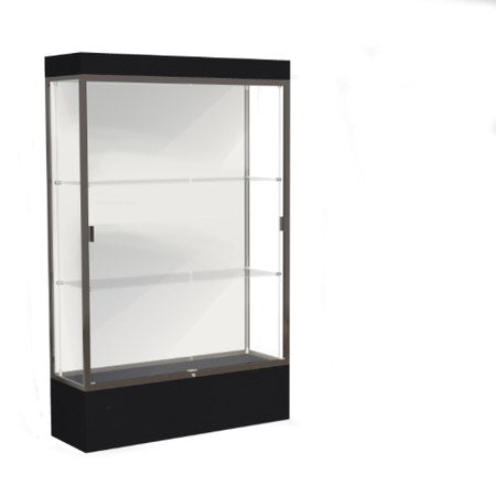 Edge Lighted Floor Display Case, 12" Black Base w/ White Back and Dark Bronze Aluminum Frame, 76"H x 48"W x 20"D