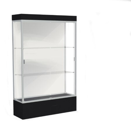 Edge Lighted Floor Display Case, 12" Black Base w/ White Back and Satin Natural Aluminum Frame, 76"H x 48"W x 20"D