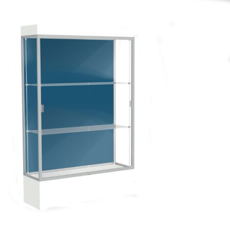 Edge Lighted Floor Display Case, 12" Frosty White Base w/ Blue Steel Back and Satin Natural Aluminum Frame, 76"H x 48"W x 20"D