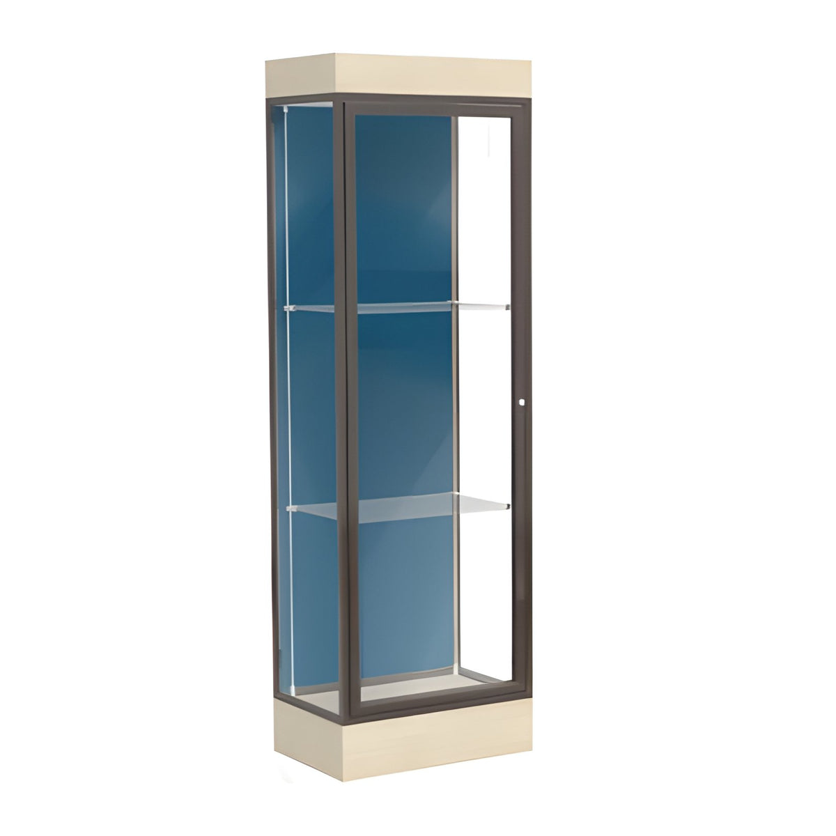 Edge Lighted Floor Display Case, 6" Beigewood Base w/ Blue Steel Back and Dark Bronze Aluminum Frame, 76"H x 24"W x 20"D