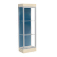 Edge Lighted Floor Display Case, 6" Beigewood Base w/ Blue Steel Back and Satin Natural Aluminum Frame, 76"H x 24"W x 20"D