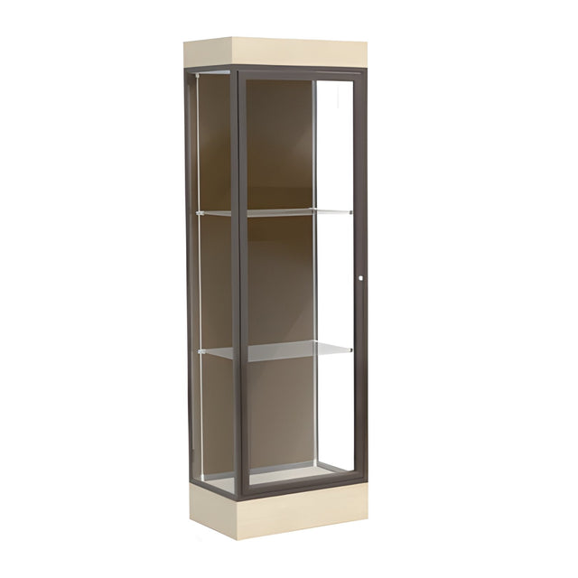 Edge Lighted Floor Display Case, 6" Beigewood Base w/ Chocolate Back and Dark Bronze Aluminum Frame, 76"H x 24"W x 20"D