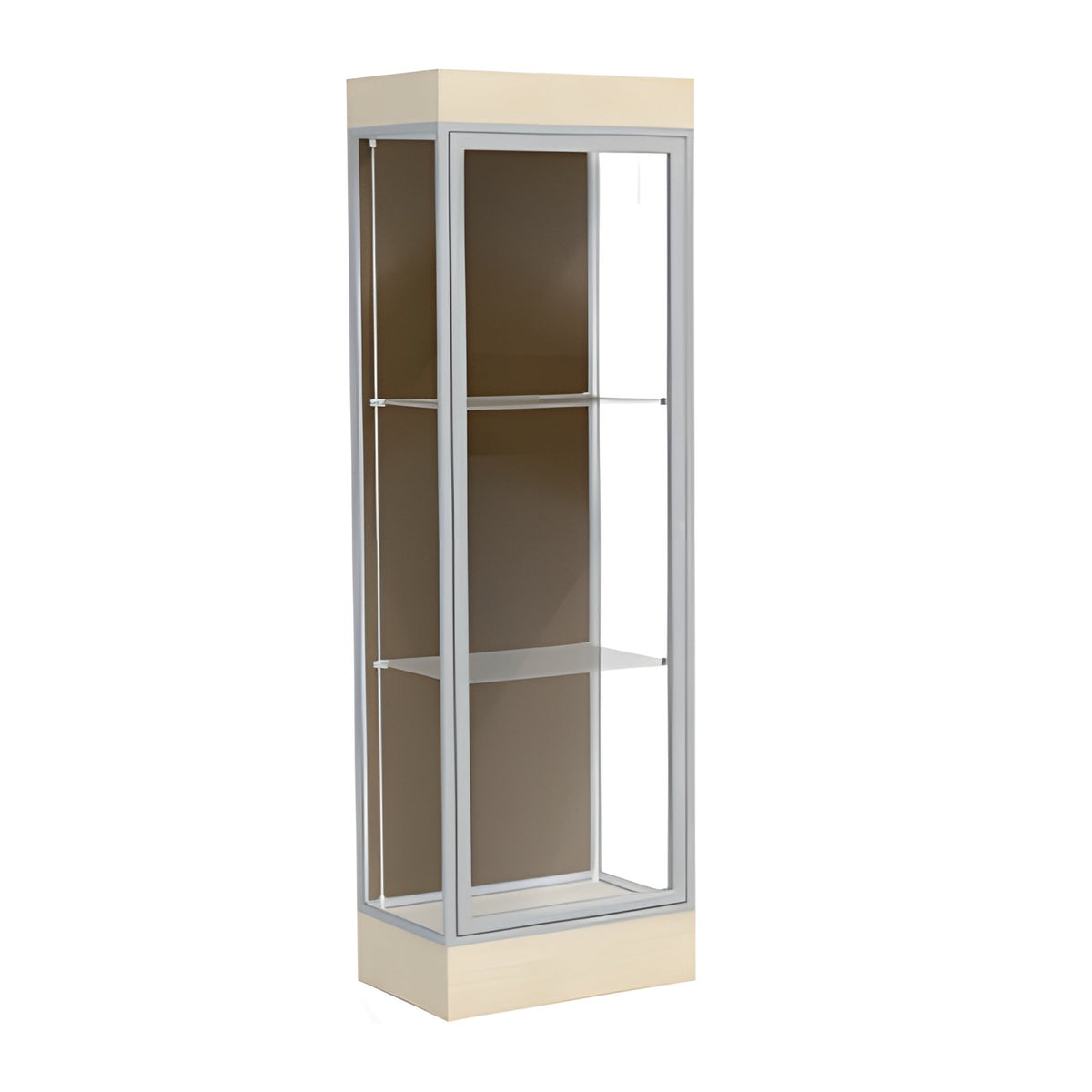 Edge Lighted Floor Display Case, 6" Beigewood Base w/ Chocolate Back and Satin Natural Aluminum Frame, 76"H x 24"W x 20"D