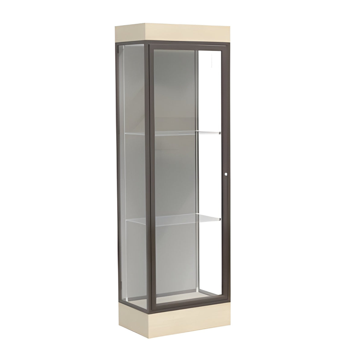 Edge Lighted Floor Display Case, 6" Beigewood Base w/ Harbor Back and Dark Bronze Aluminum Frame, 76"H x 24"W x 20"D