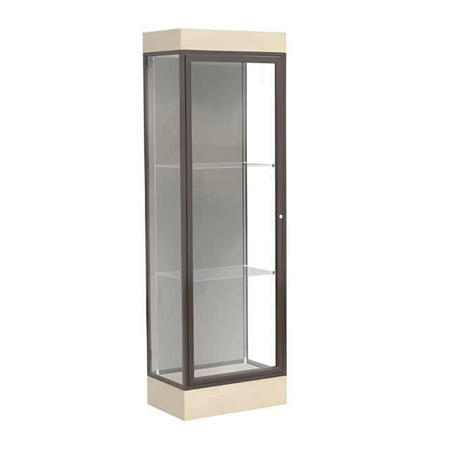 Edge Lighted Floor Display Case, 6" Beigewood Base w/ Harbor Back and Dark Bronze Aluminum Frame, 76"H x 24"W x 20"D