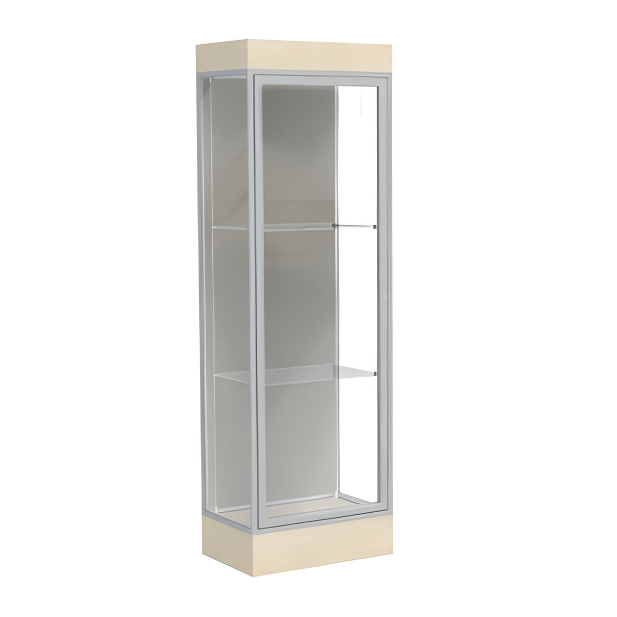 Edge Lighted Floor Display Case, 6" Beigewood Base w/ Harbor Back and Satin Natural Aluminum Frame, 76"H x 24"W x 20"D